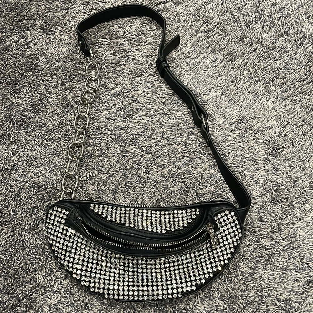 Black sequin fanny pack, chain for a belt on one side leather